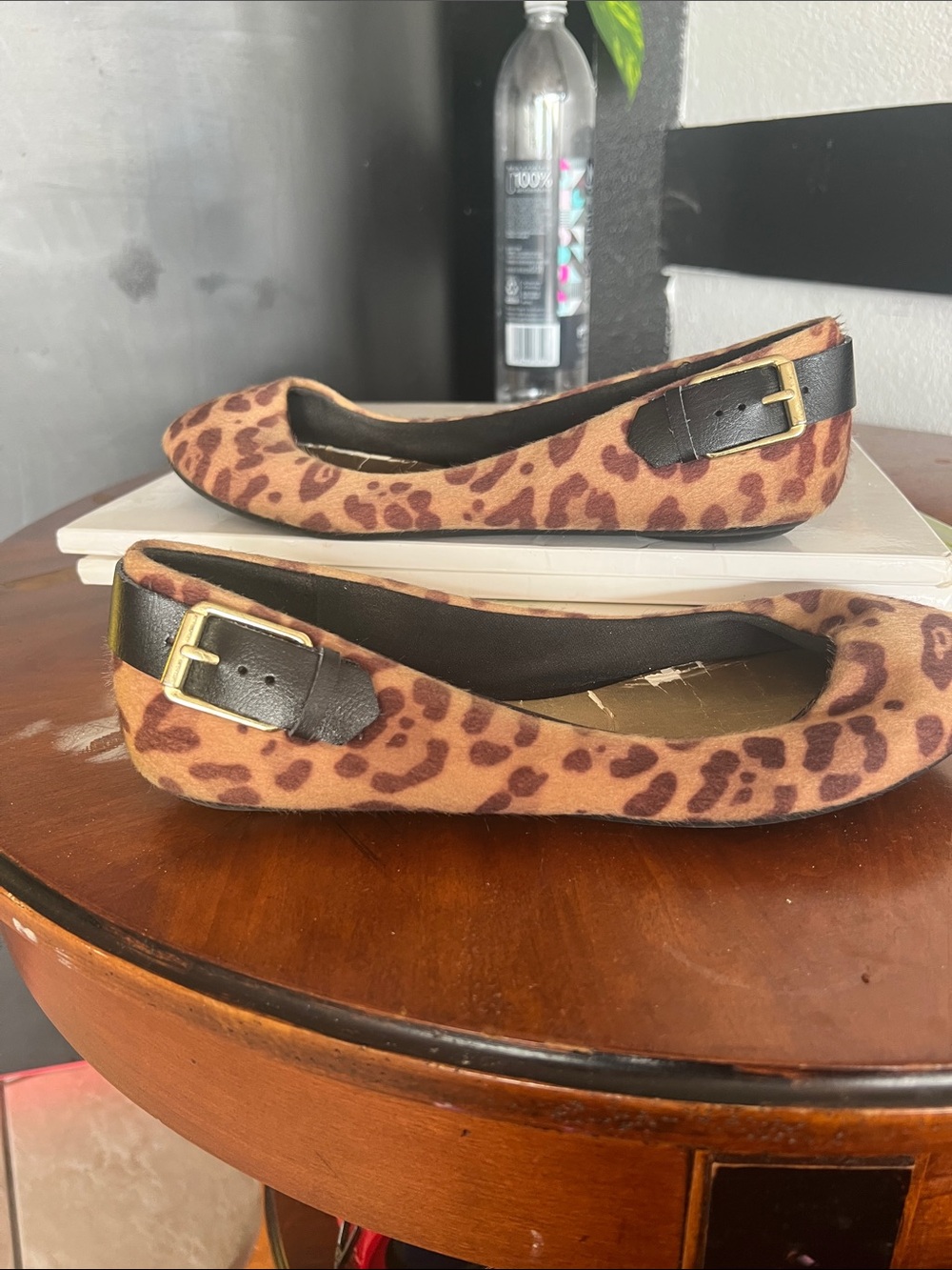 Leopard Print Ballet Flats with Buckle Strap - Brown